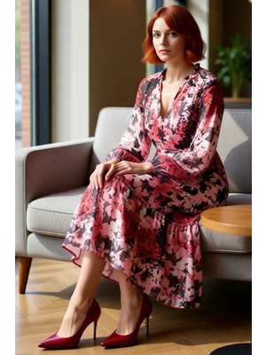 FRM Kadın Midi Boy Çok Renkli Etnik Şal Desenli A Kesim V Yaka Uzun Kollu Kuşaklı Astarlı Dokuma Elbise