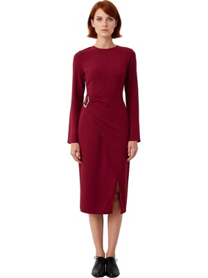 Ersefa Kadın Şık Bordo Midi Elbise A Line Kesim Uzun Kollu Krep Dokuma Aksesuar Detaylı Bisiklet Yaka