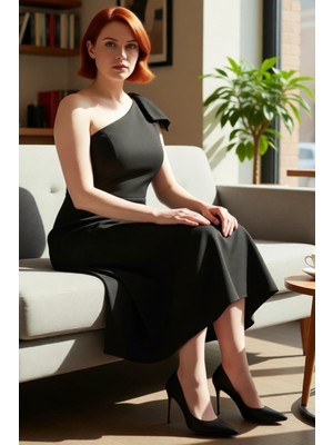 FRM Kadın Büyük Beden Dokuma Midi Elbise Tek Omuzlu Asimetrik Kesim Şık Gece Davetleri Stili Kaliteli