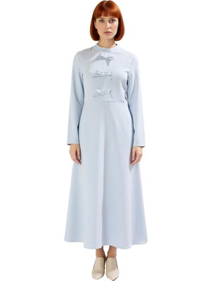 Ersefa Kadın Açık Mavi Maxi Boy Düz Desen Dokuma Kurdele Detaylı Skater Siluet Uzun Kollu Elbise Kaliteli