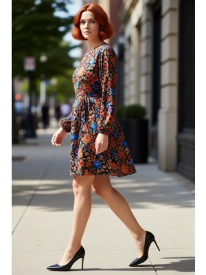 PayBuy Kadın Büyük Beden Çiçekli Balon Kol Kuşaklı Bisiklet Yaka Volanlı Skater Viskoz Dokuma Elbise