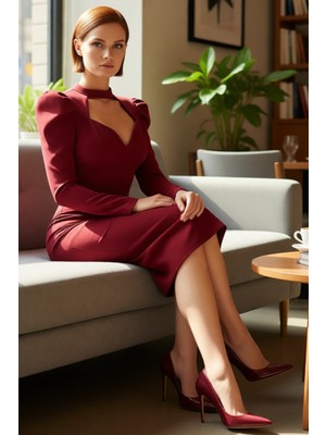 FRM Kadın Uzun Balon Kol Bodycon Kesim Kalp Yaka Midi Abiye Elbise Şık Dokuma Gece Davetleri Için