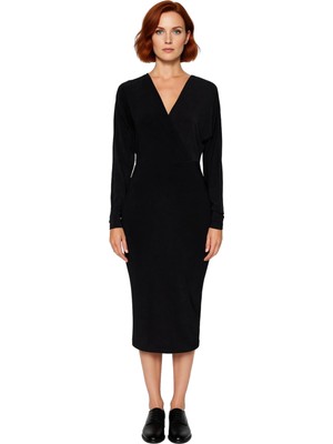 Ersefa Kadın Bodycon V Yaka Midi Elbise Esnek Örme Polyester Karışımlı Düz Desen Uzun Kollu Kışlık Günlük