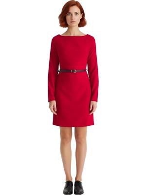 Ersefa Kadın Kemerli A Kesim Kayık Yaka Uzun Kollu Dokuma Mini Elbise Modern Iş ve Günlük Kombinler Için