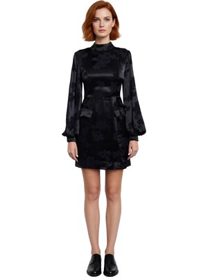 Ersefa Kadın Mini A Kesim Dokuma Elbise Dik Yakalı Balon Kol Detaylı Şık Kışlık Gündüz Gece Kaliteli