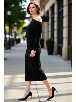 PayBuy Kadınlar Için Bodycon Kalıp Asimetrik Yaka Uzun Kol Düz Örme Midi Maxi Elbise Kış Şıklığı ve Konforu