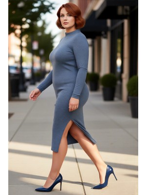 PayBuy Kadın Bodycon Kesim Düz Desen Dik Yaka Uzun Kol Midi Yırtmaçlı Örme Elbise Kış Koleksiyonu