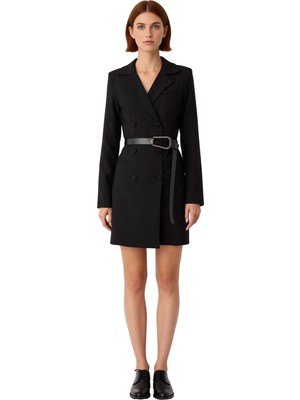 Ersefa Kadınlara Özel Siyah Kruvaze Ceket Yaka Mini Elbise Standart Kol Kış Ofis Stili Kaliteli Şık