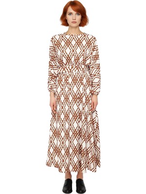 Ersefa Kadın Modern Bisiklet Yaka Uzun Balon Kol Kemerli Geometrik Desenli Dokuma Maxi Elbise Kaliteli