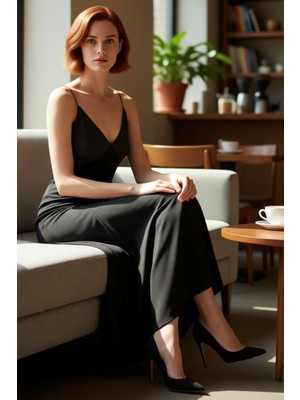 FRM Kadın Askılı Maxi Elbise V Yaka A Line Kesim Sandy Dokuma Örme Astarsız Şık Davetler Için Kaliteli