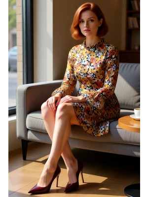 FRM Kadın Şifon A Line Dik Yaka Fırfır Detaylı Uzun Ispanyol Kollu Çiçek Desenli Mini Elbise Kaliteli