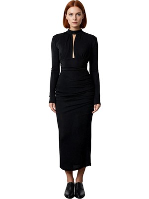Ersefa Kadın Modern Bodycon Uzun Kollu Dik Yaka Cut Out Detaylı Simli Örme Abiye Kokteyl Elbisesi