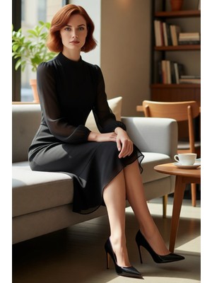 FRM Kadın Modern Dik Yaka A Kesim Midi Boy Uzun Balon Kollu Astarlı Şifon Dokuma Düz Elbise Kaliteli