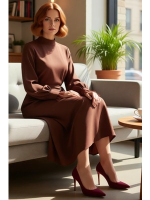 FRM Kadın Uzun Kollu Dik Yakalı Kuşak Detaylı Dokuma Maxi Elbise Şık ve Konforlu Günlük Kullanım Için