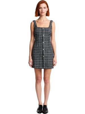 Ersefa Kadın Smart Siyah Kareli Tüvit Mini Elbise Kalın Askılı Düz Kesim Sonbahar Kış Stili Kaliteli