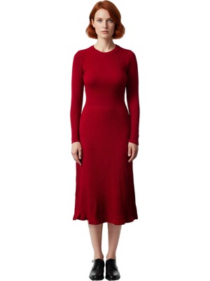 Ersefa Kadın Akrilik Triko Bodycone Midi Elbise Bisiklet Yaka Uzun Kol Düz Desenli Günlük Rahat Şıklık