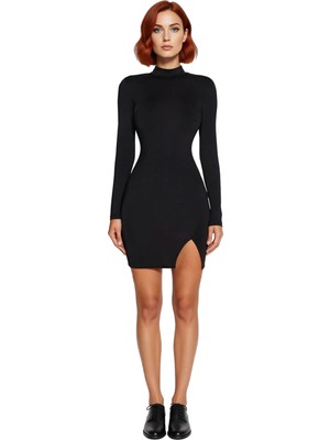 Ersefa Kadın Örme Kumaş Dik Yaka Uzun Kol Bodycon Mini Elbise Özel Günler Için Zarif ve Modern Tercih