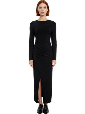 Ersefa Kadınlara Özel Bisiklet Yaka Uzun Kol Drapeli Bodycon Maxi Elbise Kış Akşamları Için Ideal