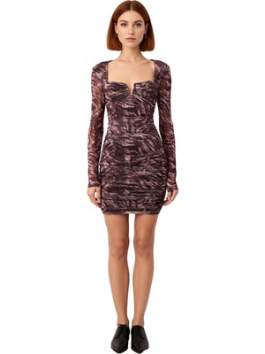 Ersefa Kadın Astarlı Tül Örme Bodycon Elbise Kalp Yaka Uzun Kollu Animal Desenli Mini Şıklık Kaliteli