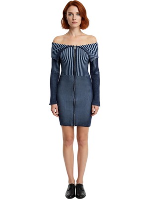 Ersefa Kadın Degrade Çizgili Ince Triko Bodycon Mini Elbise Omuz Detaylı Uzun Kollu Şık Tasarım Kaliteli