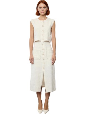 Ersefa Kadın Şık Midi Boy Kolsuz Düğmeli %100 Pamuk Tüvit Ceket Elbise Gündüz Gece Kombinleri Için