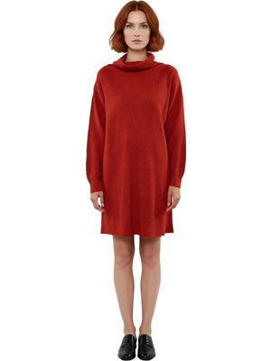 Ersefa Kadınlar Için Düz Desen Balıkçı Yaka Uzun Kollu Shift Kalıp Akrilik Triko Mini Elbise Kış Sezonu