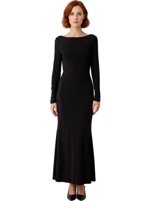 Ersefa Kadınlara Özel Kayık Yaka Uzun Kol Bodycon Kesim Maxi Elbise Smart Mezuniyet ve Balo Şıklığı