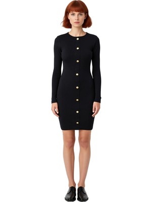 Ersefa Kadın Uzun Kol Bodycon Kesim Düğmeli Fitilli Bisiklet Yaka Mini Elbise Modern Görünüm Kaliteli