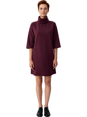 Ersefa Kadın Düz Desen Balıkçı Yaka Örme Elbise Shift Kalıp Düşük Truvakar Kol Kış Sezonu Için Ideal Mini