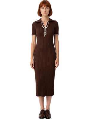 Ersefa Kadın Bodycon Kalıp Ince Triko Midi Elbise Polo Yaka Renk Blok Detaylı Kısa Kollu Basic Kaliteli