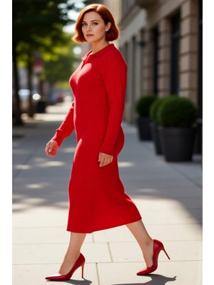 PayBuy Kadın Polo Yaka Fitilli Bodycon Triko Midi Elbise Uzun Kollu Kış Günlük Şık Akrilik Tasarım