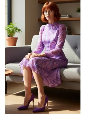 FRM Kadın Dik Yaka Şal Desenli Şifon Midi Elbise Uzun Balon Kollu Astarlı Volanlı A Kesim Kaliteli