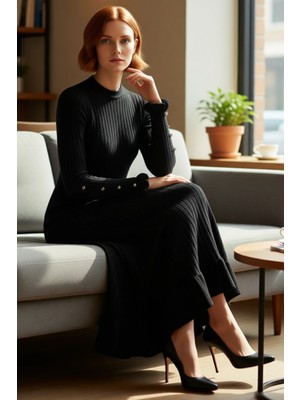 FRM Kadın Düz Desen Bej Ribana Triko Maxi Elbise Eteği Fırfırlı Uzun Kol Konforlu Stil Kaliteli