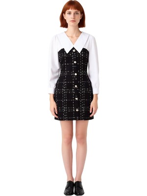 Ersefa Kadın A Kesim Tüvit Kareli Gömlek Yaka Uzun Balon Kollu Düğmeli Mini Elbise Kış Modasına Şık