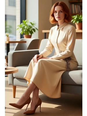 FRM Kadın Uzun Kollu Dokuma Maxi Elbise Fular Detaylı Gömlek Yaka Smart Ofis ve Günlük Giyim Kaliteli