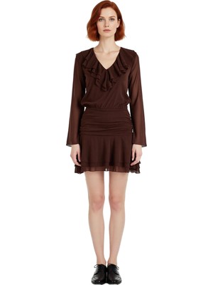 Ersefa Feminen Skater Kalıp Uzun Kollu V Yaka Volanlı Fırfırlı Ekstra Mini Kadın Elbise Casual Şıklığın