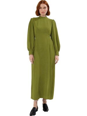 Ersefa Kadın Şık ve Rahat Lacivert Düz Desen Aerobin Dokuma Balon Kol Dik Yaka Maxi Elbise Kaliteli