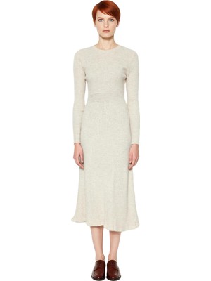 Ersefa Kadın Akrilik Triko Bodycone Midi Elbise Bisiklet Yaka Uzun Kol Düz Desenli Günlük Rahat Şıklık