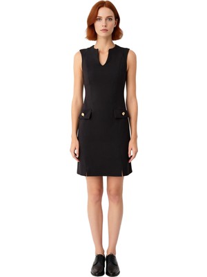 Ersefa Kadın Siyah Kolsuz Mini Elbise Zarif Kaçık Yaka Aksesuar Detaylı Dokuma Şık Kesim Kaliteli