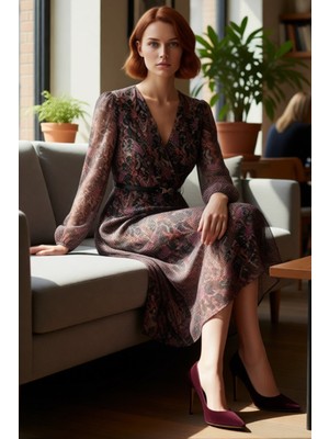 FRM Kadın Kemerli Kruvaze Yaka Şifon Midi Elbise Balon Kol Detaylı Soyut Desen Skater Kalıp Kaliteli