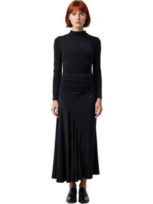 Ersefa Kadın Lacivert Uzun Kollu Dik Yaka Bodycon Maxi Elbise Büzgülü Esnek Şık Modern Örme Tasarım