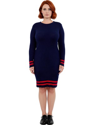 Ersefa Kadın Bodycon Fitilli Triko Kazak Elbise Bisiklet Yaka Uzun Kol Çizgili Detaylar ile Şık Görünüm