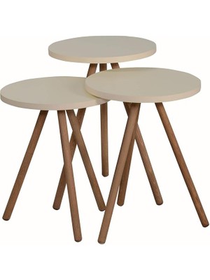 Renkli Üçlü Zigon Sehpa Ahşap Ayaklı Yuvarlak Pastel Tasarım Krem