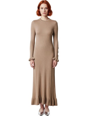 Ersefa Kadın Bodycon Kesim Akrilik Ribana Triko Maxi Elbise Incili Detaylı Uzun Kol Şıklığı Kaliteli