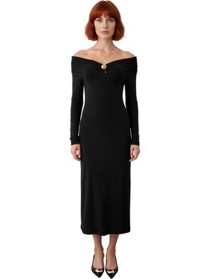 Ersefa Kadın Bodycon Kesim Carmen Yaka Uzun Kollu Maxi Elbise Aksesuar Detaylı Örme Kış Modası Kaliteli