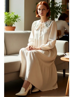 FRM Kadın Ilkbahar Sonbahar Için Nakışlı Keten Görünümlü Dokuma Maxi Elbise Bebe Yaka Balon Kollu Şıklık