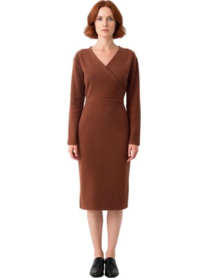 Ersefa Kadın V Yaka Kruvaze Örme Midi Elbise Bodycon Kesim Düz Desen Uzun Kollu Kış Şıklığı Kaliteli