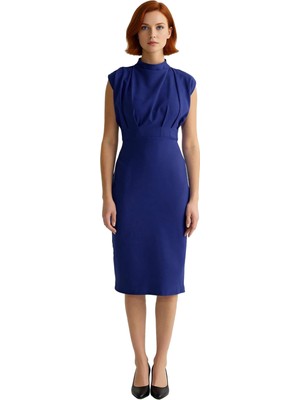 Ersefa Kadın Çok Renkli Desenli Bodycon Siluet Midi Elbise Kolsuz Dik Yaka Polyester Karışımlı Konfor