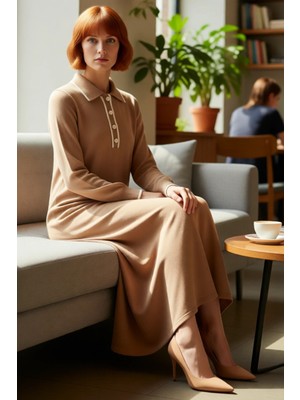 FRM Kadın A Line Kesim Maxi Triko Elbise Uzun Kollu Polo Yaka Biyeli Kış Günleri Için Konforlu