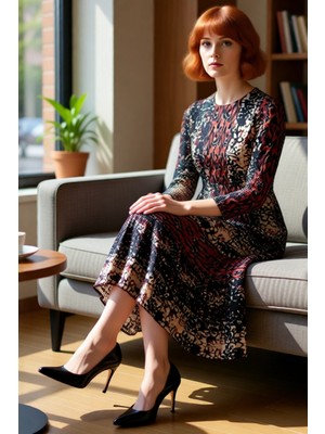 FRM Kadın Polyester Materyal Hakim Yaka Uzun Kol Animal Desen Astarlı Skater Maxi Elbise Kaliteli